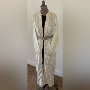 Elegant White and Silver Long Kaftan Duster Jacket